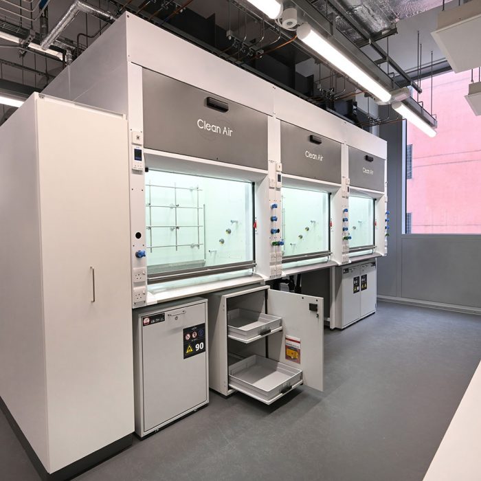 Clean Air manufactured 61 Clean Air VAV High-Performance Radius Profile fume cupboards and two walk-in enclosures for the Hub Building.